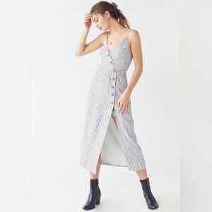 NWOT Urban Outfitters Amber Striped Linen Button-Through Wrap Midi Dress